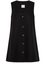 The Nancy Mini Dress by POSSE is a sleeveless black linen mini with an A-line silhouette, five front buttons, and a branded “POSSE” label at the v-neckline.
