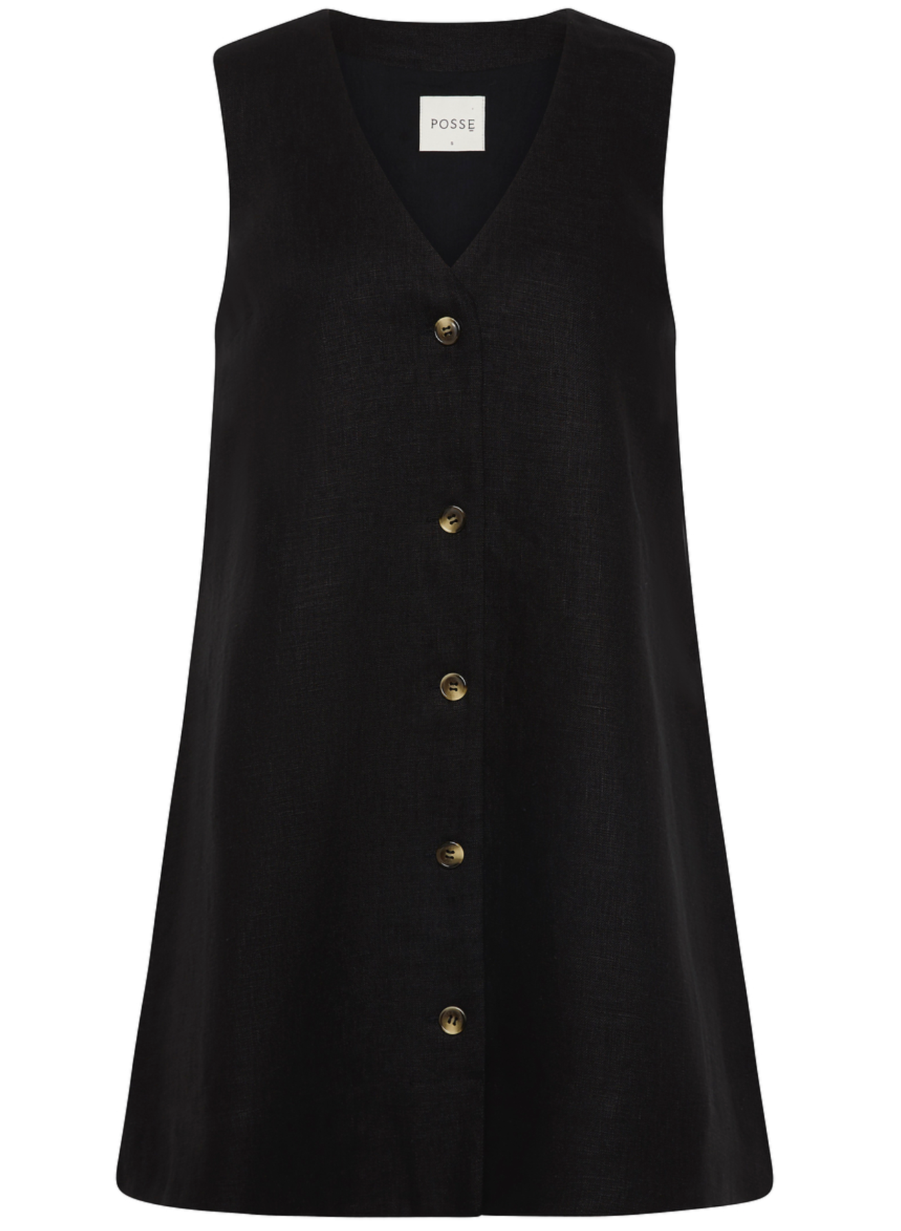 The Nancy Mini Dress by POSSE is a sleeveless black linen mini with an A-line silhouette, five front buttons, and a branded “POSSE” label at the v-neckline.