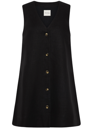 The Nancy Mini Dress by POSSE is a sleeveless black linen mini with an A-line silhouette, five front buttons, and a branded “POSSE” label at the v-neckline.