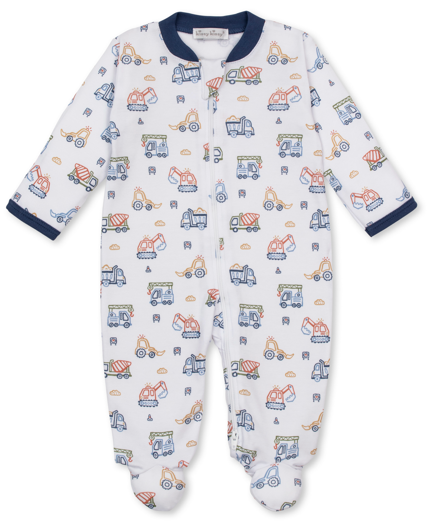 The Kissy Kissy Baby Boys’ Construction Demo Printed Zip Footie is a white, construction-themed baby onesie crafted from ultra-soft Pima cotton. Featuring long sleeves and built-in footies, this zip-up suit showcases a vibrant array of vehicle prints and is accented with dark blue trim on the cuffs and collar.