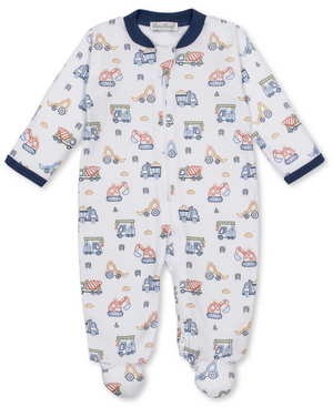The Kissy Kissy Baby Boys’ Construction Demo Printed Zip Footie is a white, construction-themed baby onesie crafted from ultra-soft Pima cotton. Featuring long sleeves and built-in footies, this zip-up suit showcases a vibrant array of vehicle prints and is accented with dark blue trim on the cuffs and collar.
