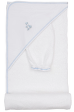 The Kissy Kissy Just Giraffes Hooded Towel & Mitt Set features a white cotton hooded towel with blue trim and a charming embroidered giraffe, folded neatly with a coordinating rolled mitt—an adorable set that’s perfect for snuggling your baby after bath time.