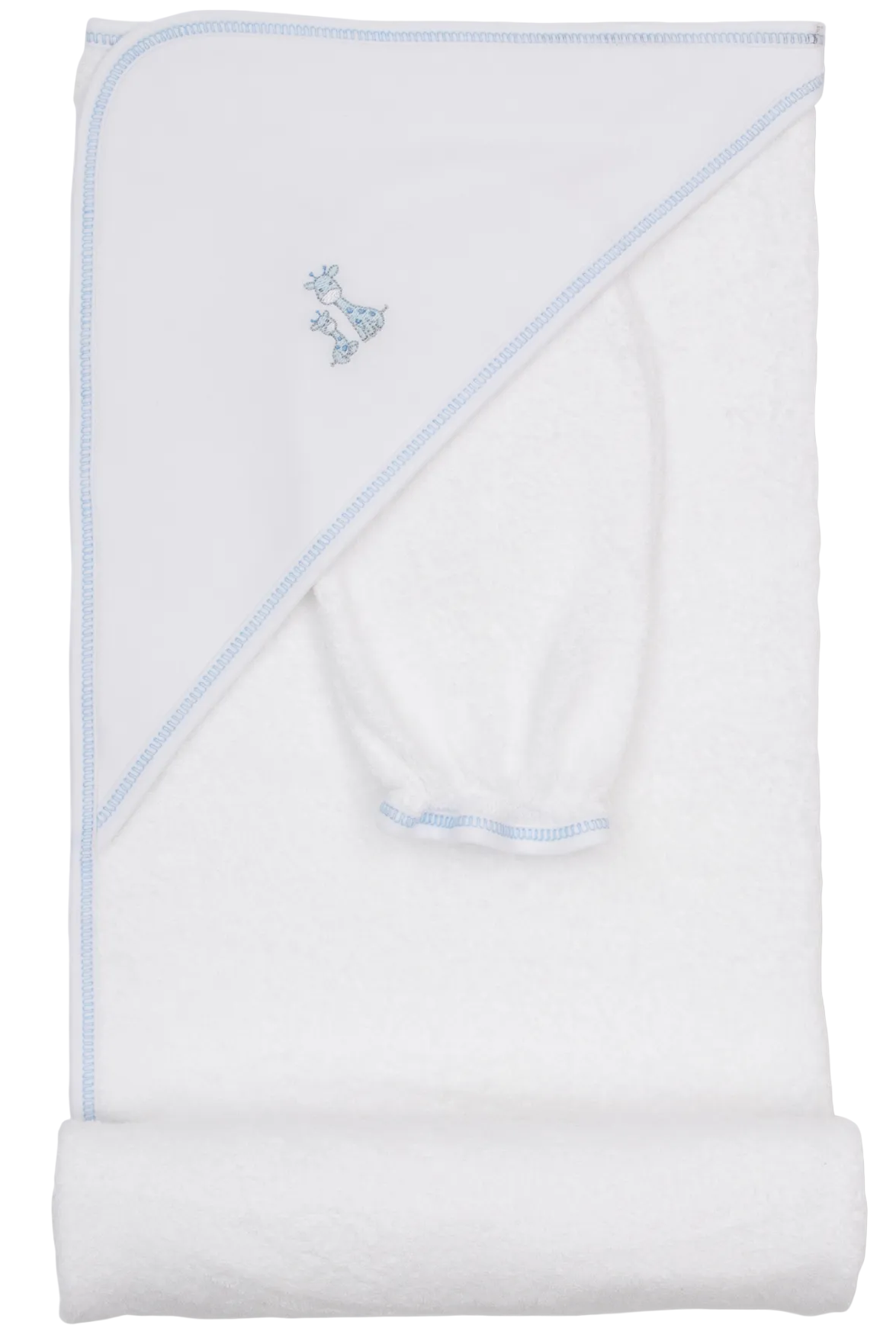 The Kissy Kissy Just Giraffes Hooded Towel & Mitt Set features a white cotton hooded towel with blue trim and a charming embroidered giraffe, folded neatly with a coordinating rolled mitt—an adorable set that’s perfect for snuggling your baby after bath time.