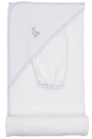 The Kissy Kissy Just Giraffes Hooded Towel & Mitt Set features a white cotton hooded towel with blue trim and a charming embroidered giraffe, folded neatly with a coordinating rolled mitt—an adorable set that’s perfect for snuggling your baby after bath time.