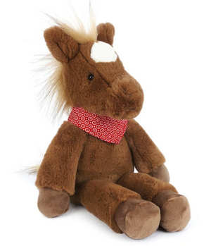 The Mon Ami Cinnamon Horse is a plush brown horse toy featuring a white spot on its forehead and a red collar with white circular patterns; this adorable cowboy stuffed animal sits upright against a white background.