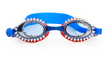 The Bling2O Kids' Fish-N-Chips Goggles are blue and red swim goggles designed for kids, featuring white shark tooth patterns around the lenses and built-in UV protection, shown against a white background.