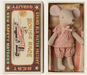 The Maileg Big Sister Mouse in Matchbox wears soft pink pajamas and rests comfortably inside her matchbox bed, complete with a striped pillow and blanket. The vintage-style box lid is decorated with charming racing graphics and the words "Mouse Race" and "BEST QUALITY.
