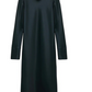 The Dorothee Schumacher Shiny Statement Dress is a black, long-sleeved, mid-length dress with a draped turtleneck and straight silhouette, shown against a white background.