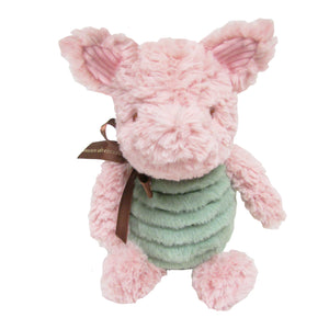 The Classic Piglet Plush by Kids Preferred features soft pink fur, a green ribbed belly, and a brown ribbon around its neck. Inspired by Winnie the Pooh, it sits upright and is perfect for cuddling.