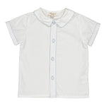 The Kidiwi Baby Boys' and Boys' Noa MC Shirt is a white short-sleeve button-front shirt with light blue trim, a Peter Pan collar, and a visible brand label at the neck, laid flat on a white background.