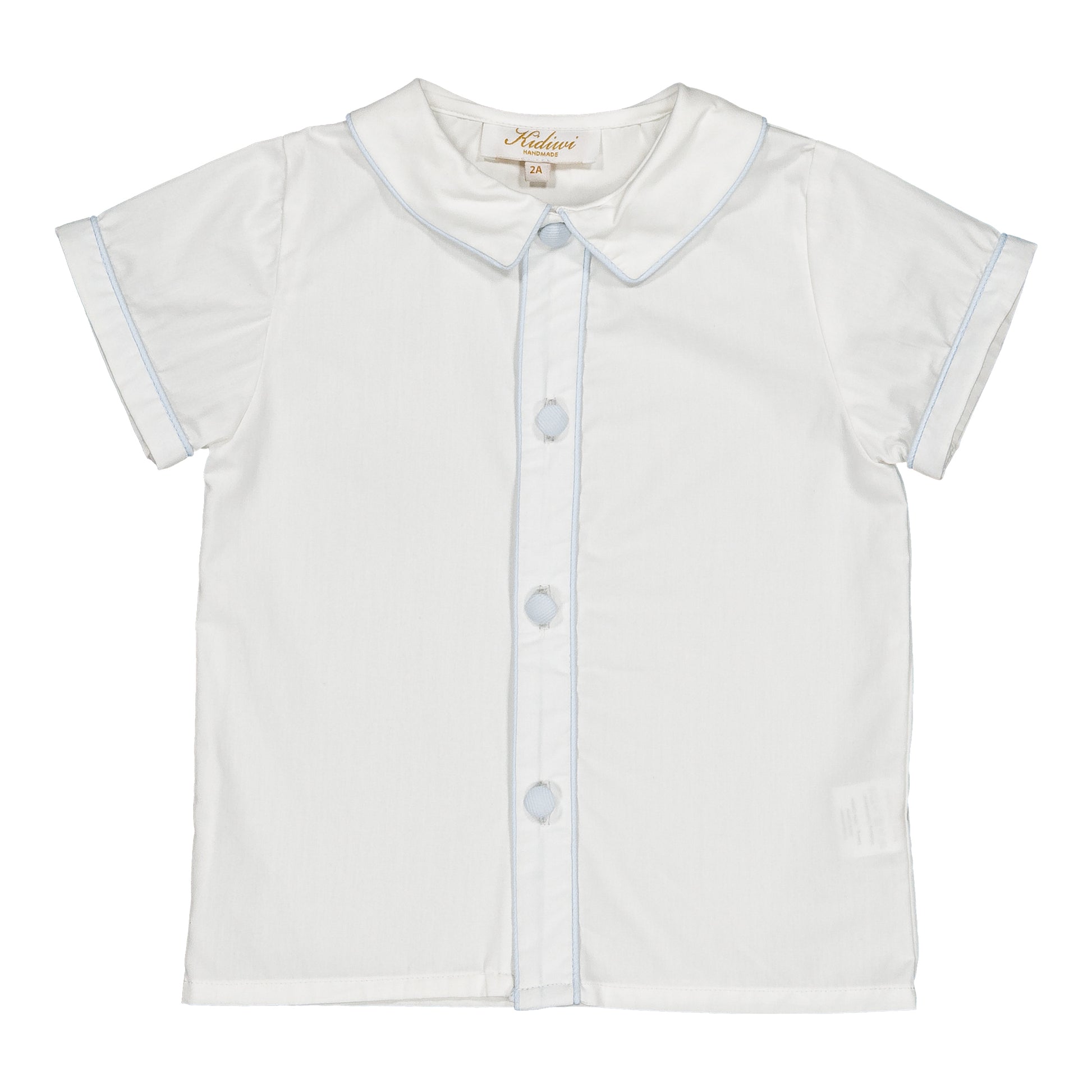 The Kidiwi Baby Boys' and Boys' Noa MC Shirt is a white short-sleeve button-front shirt with light blue trim, a Peter Pan collar, and a visible brand label at the neck, laid flat on a white background.