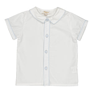 The Kidiwi Baby Boys' and Boys' Noa MC Shirt is a white short-sleeve button-front shirt with light blue trim, a Peter Pan collar, and a visible brand label at the neck, laid flat on a white background.