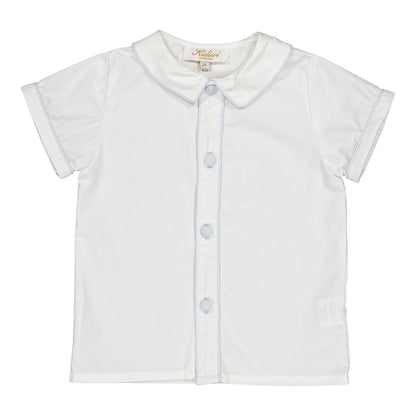 The Kidiwi Baby Boys' and Boys' Noa MC Shirt is a white short-sleeve button-front shirt with light blue trim, a Peter Pan collar, and a visible brand label at the neck, laid flat on a white background.