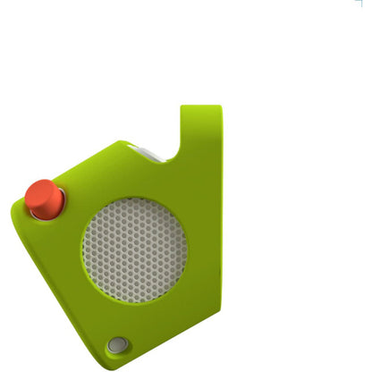 The Yoto Player Adventure Jacket by Yoto is a green, angular portable speaker with a red button and white grille, shown in its silicone carry-coat against a plain white background.