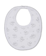 The Sweet Sheep Bib by Kissy Kissy is crafted from the softest Pima cotton and adorned with a delicate sheep pattern. It features a rounded neckline and a snap closure at the back, ensuring ultimate comfort for your baby.