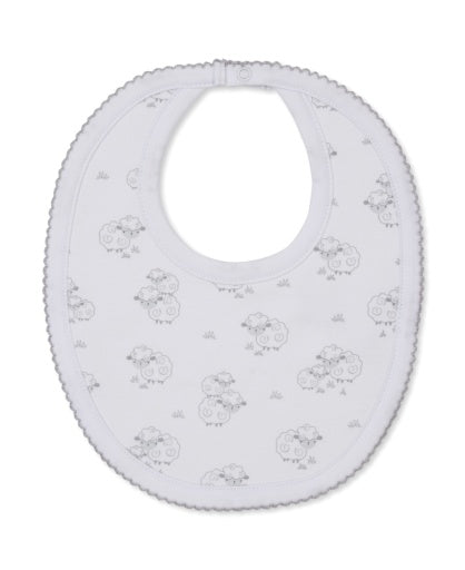 The Sweet Sheep Bib by Kissy Kissy is crafted from the softest Pima cotton and adorned with a delicate sheep pattern. It features a rounded neckline and a snap closure at the back, ensuring ultimate comfort for your baby.