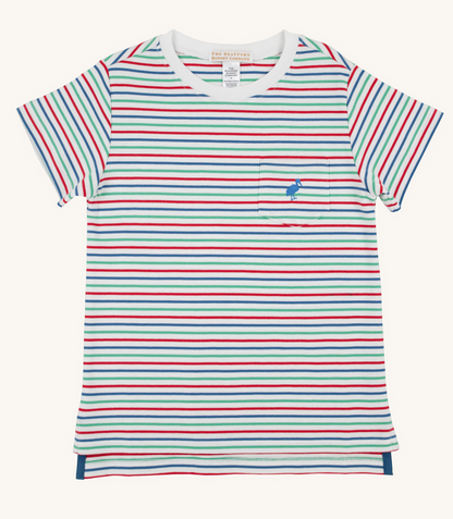 The Beaufort Bonnet Company Baby Boys' Carter Crewneck t-shirt in Buckhead Blue Stripe features short sleeves, red, blue, and green horizontal lines, and a chest pocket with a small blue bird logo.