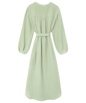 The Josephine Dress by Xirena is a light green V-neck midi dress with blouson sleeves and a belted waist, displayed from the back on a white background.
