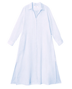 The Boden Gauze Dress by Xirena is a light blue, long-sleeve, button-front shirtdress with a collar and side slits, shown laid flat on a white background.