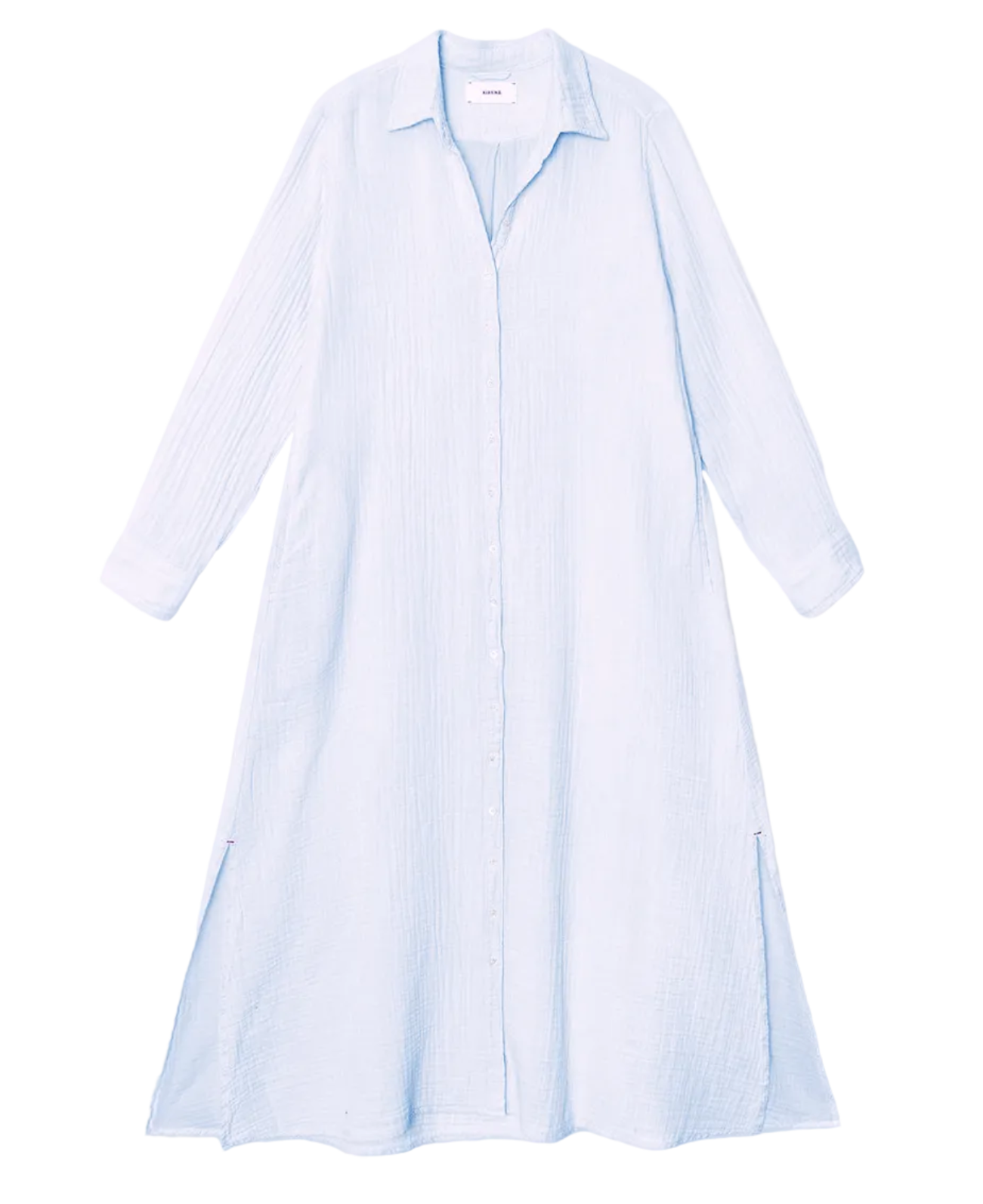 The Boden Gauze Dress by Xirena is a light blue, long-sleeve, button-front shirtdress with a collar and side slits, shown laid flat on a white background.