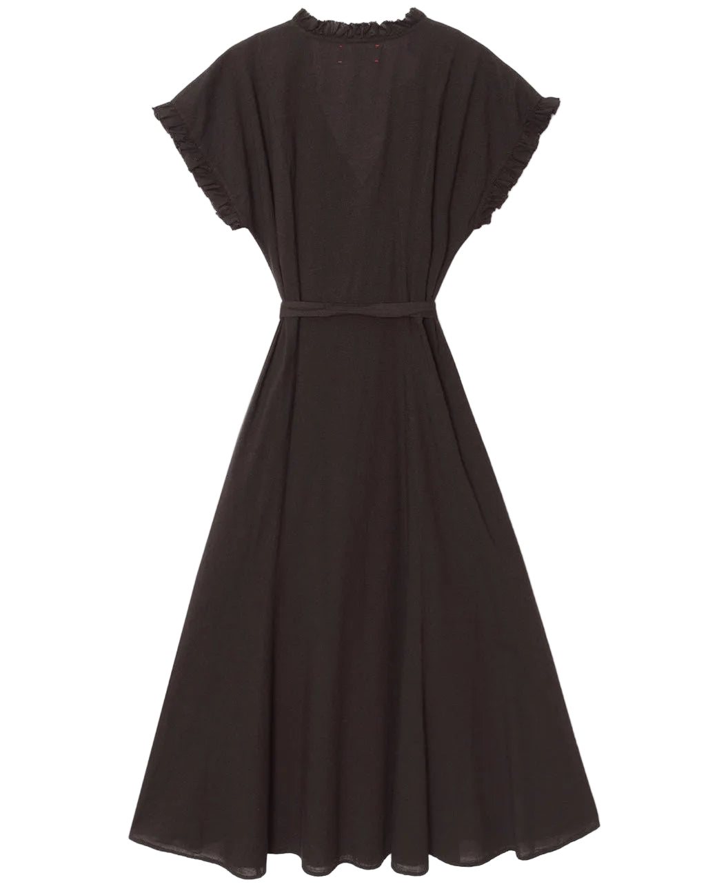 The Dixie Dress by Xirena is a black cotton poplin midi dress featuring short sleeves, a belted waist, button-front detail, ruffled collar, and flared skirt, shown on a plain background.