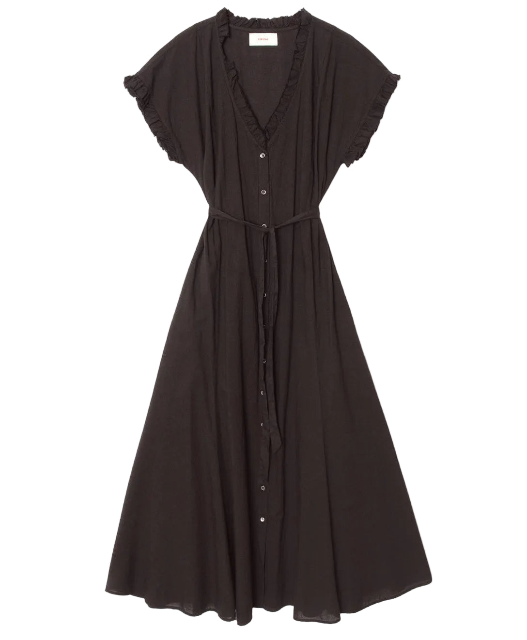 The Dixie Dress by Xirena is a black cotton poplin midi with short sleeves, button-front, ruffled V-neckline, cinched waist belt, and a flared skirt.