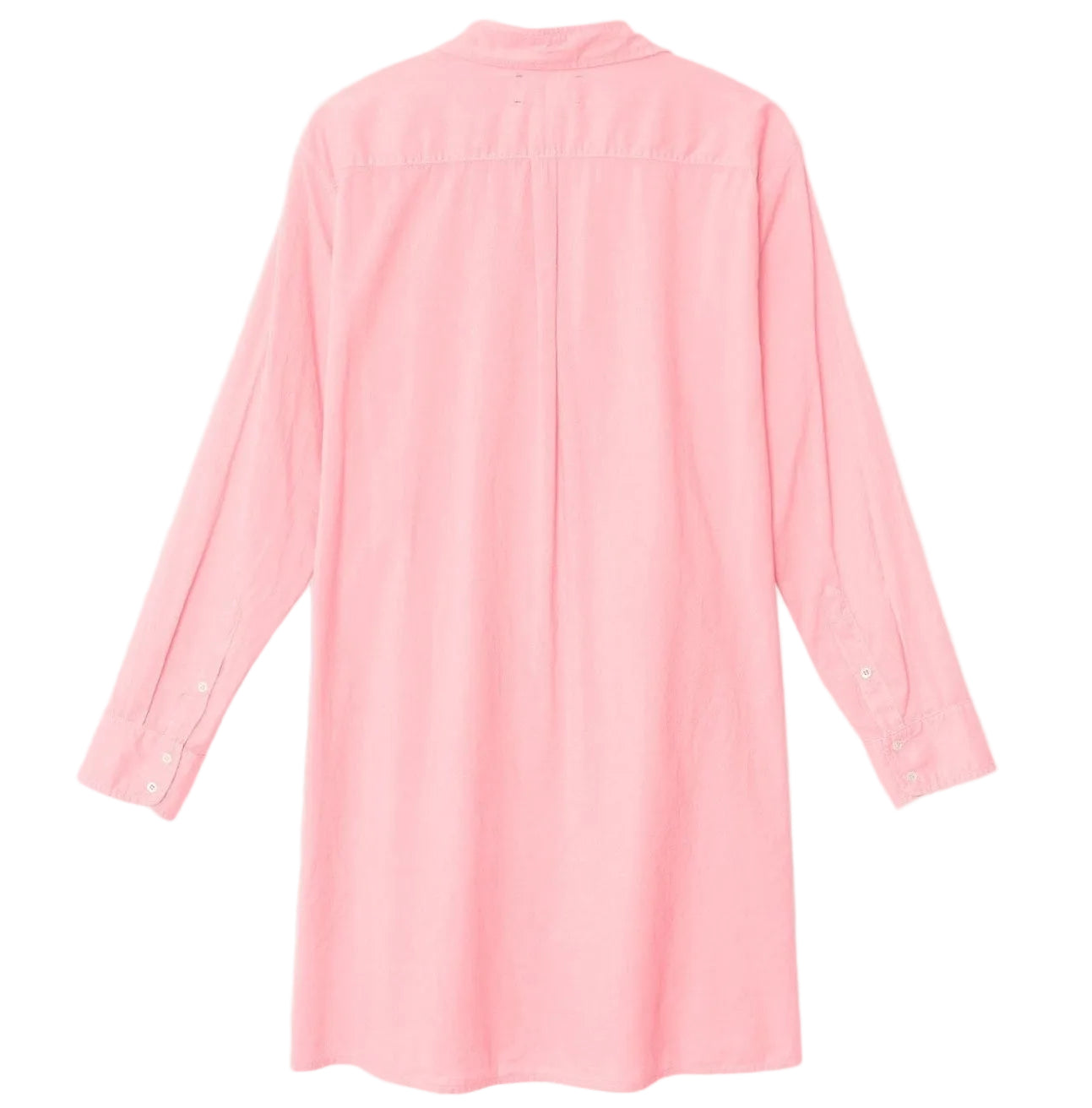 The Xirena Bobby Dress is a long-sleeved, light pink mini shirtdress in crisp cotton poplin, shown from the back with a collar, buttoned cuffs, and a center pleat.