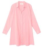 The Xirena Bobby Dress is a long-sleeve, button-down cotton poplin shirt dress in light pink with a collar, shown on a white background.
