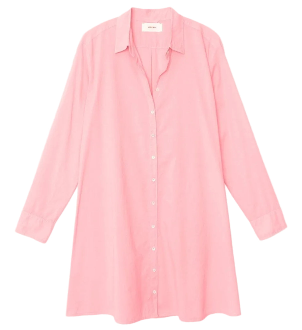 The Xirena Bobby Dress is a long-sleeve, button-down cotton poplin shirt dress in light pink with a collar, shown on a white background.