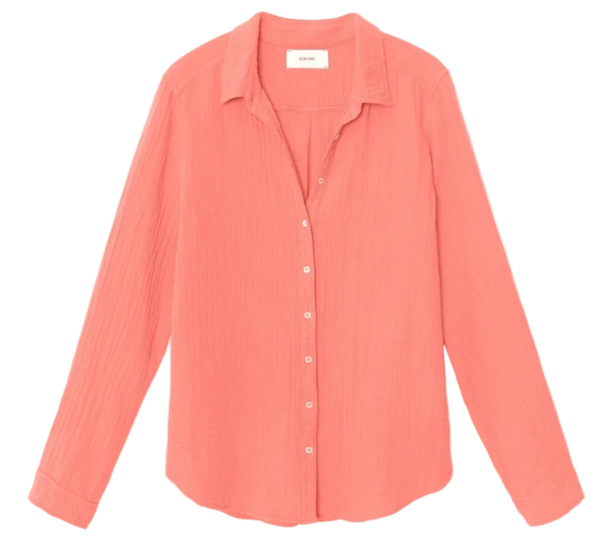 The Xirena Scout Cotton Gauze Shirt, a long-sleeved, coral button-front top with collar and shirttail hem made from double-faced cotton gauze, is shown laid flat on a white background.