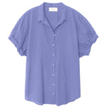 The Channing Cotton Poplin Shirt by Xirena is a short-sleeved, button-up essential in light purple lightweight cotton, shown on a plain white background.