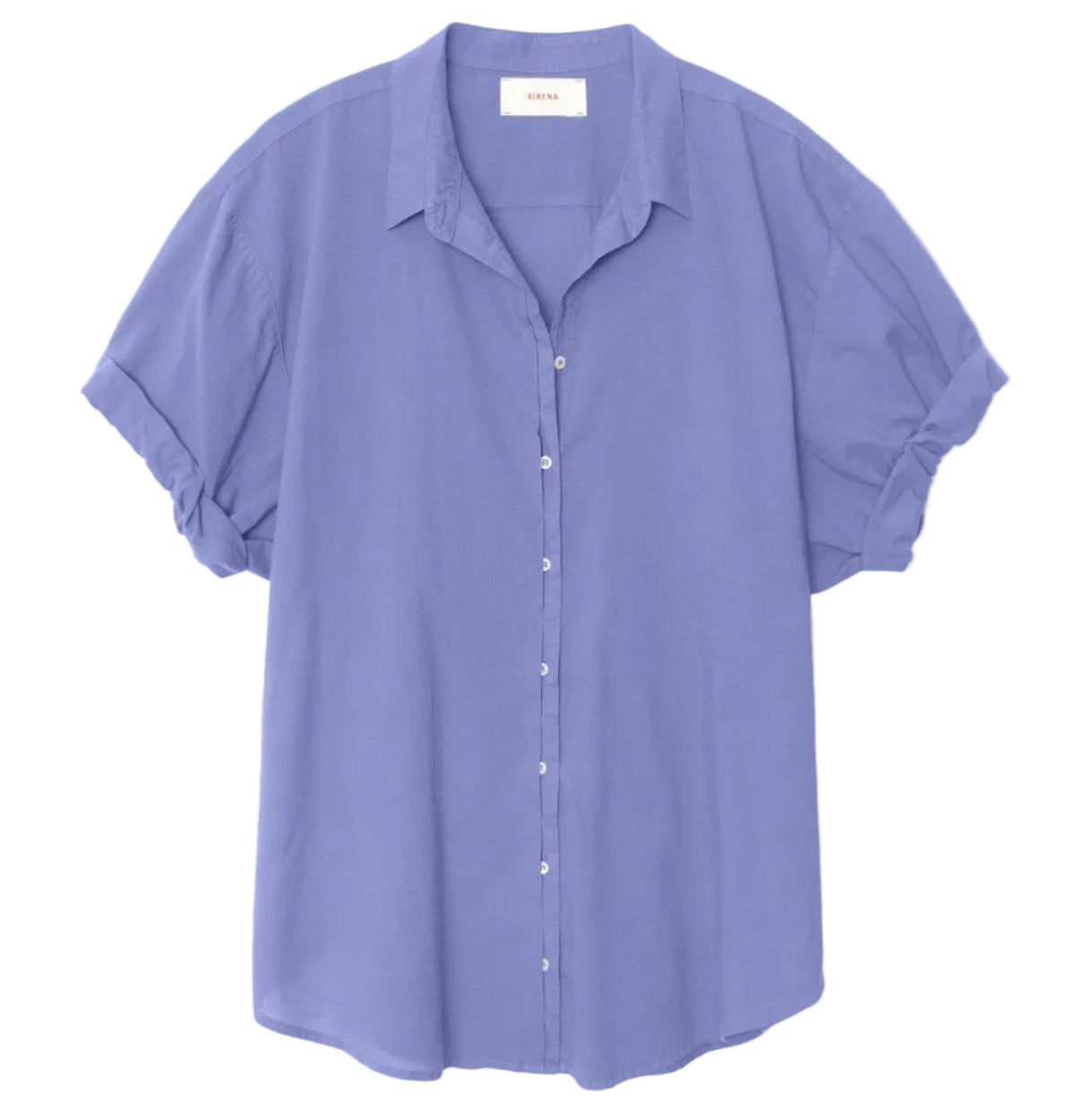 The Channing Cotton Poplin Shirt by Xirena is a short-sleeved, button-up essential in light purple lightweight cotton, shown on a plain white background.