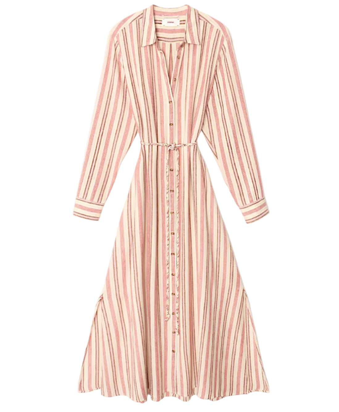 The Bowen Stripe Dress by Xirena features pink and white vertical stripes, long sleeves, a button-down front, collared neckline, matching tie belt at the waist, and is crafted from a soft viscose-linen blend.
