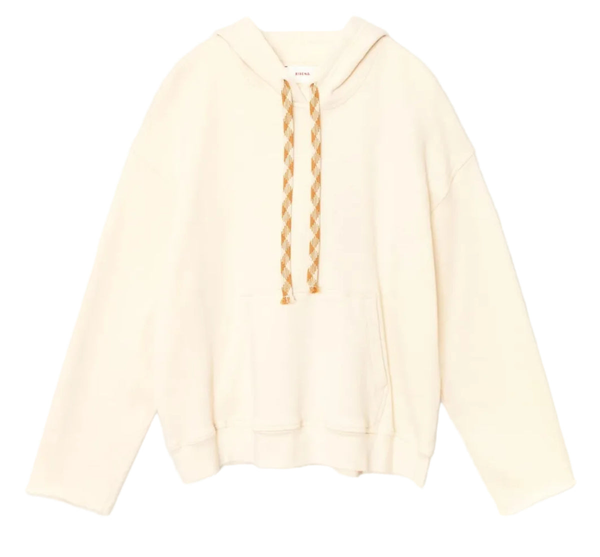 The Chase Sweatshirt by Xirena is a relaxed, off-white hoodie made from ultra-soft fleece, featuring beige-and-white braided drawstrings and a front kangaroo pocket, shown against a white background.
