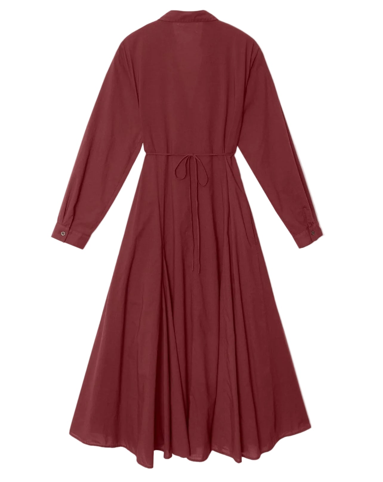 The Louisa Dress by Xirena is a long-sleeved, ankle-length maroon button-front dress featuring a collar, buttoned cuffs, and a thin waist tie, shown against a white background.
