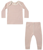The Quincy Mae Baby and Kids’ Ribbed Tee + Legging Set in light pink and white stripes, featuring a long-sleeve organic rib knit shirt and matching leggings, both displayed flat on a white background.
