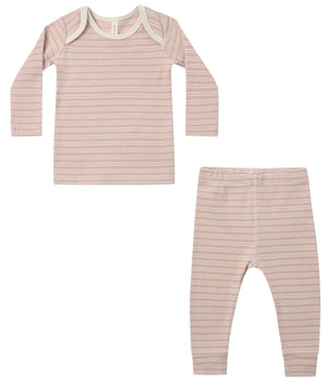 The Quincy Mae Baby and Kids’ Ribbed Tee + Legging Set in light pink and white stripes, featuring a long-sleeve organic rib knit shirt and matching leggings, both displayed flat on a white background.