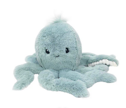 The Oda Octopus Plush Toy by Mon Ami features a light blue, round body, small black eyes, and eight fuzzy tentacles—perfect as a cuddle buddy or a cute baby shower gift. Shown on a white background.