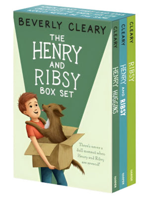 The Henry and Ribsy 3-Book Box Set by Harper Collins features cover art by Jacqueline Rogers showing a boy holding a dog in a cardboard box.