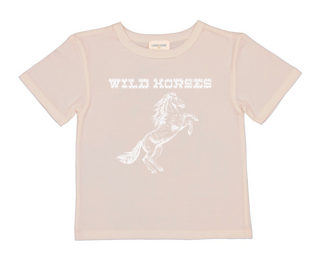 Introducing the Girls’ Tom Wild Horses T-Shirt by Louis Louise: a light beige tee showcasing a white wild horse graphic, topped with “WILD HORSES” in a bold western-inspired font—ideal for adventurous kids and perfect for nature lovers.