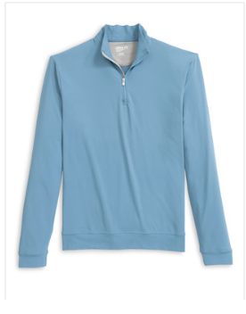 Johnnie-O Motion Performance 1/4 Zip: This light blue long-sleeve quarter-zip pullover features a standing collar and DRICOMFORT technology for enhanced breathability, making it perfect as an office golf shirt or layered over performance polos—photographed on a plain white background.