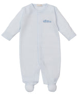 The Kissy Kissy Baby Boys' Fall Medley Striped Footie features soft Pima cotton, long sleeves, front snap closure, and hand embroidery—perfect cozy pajamas for your little one.