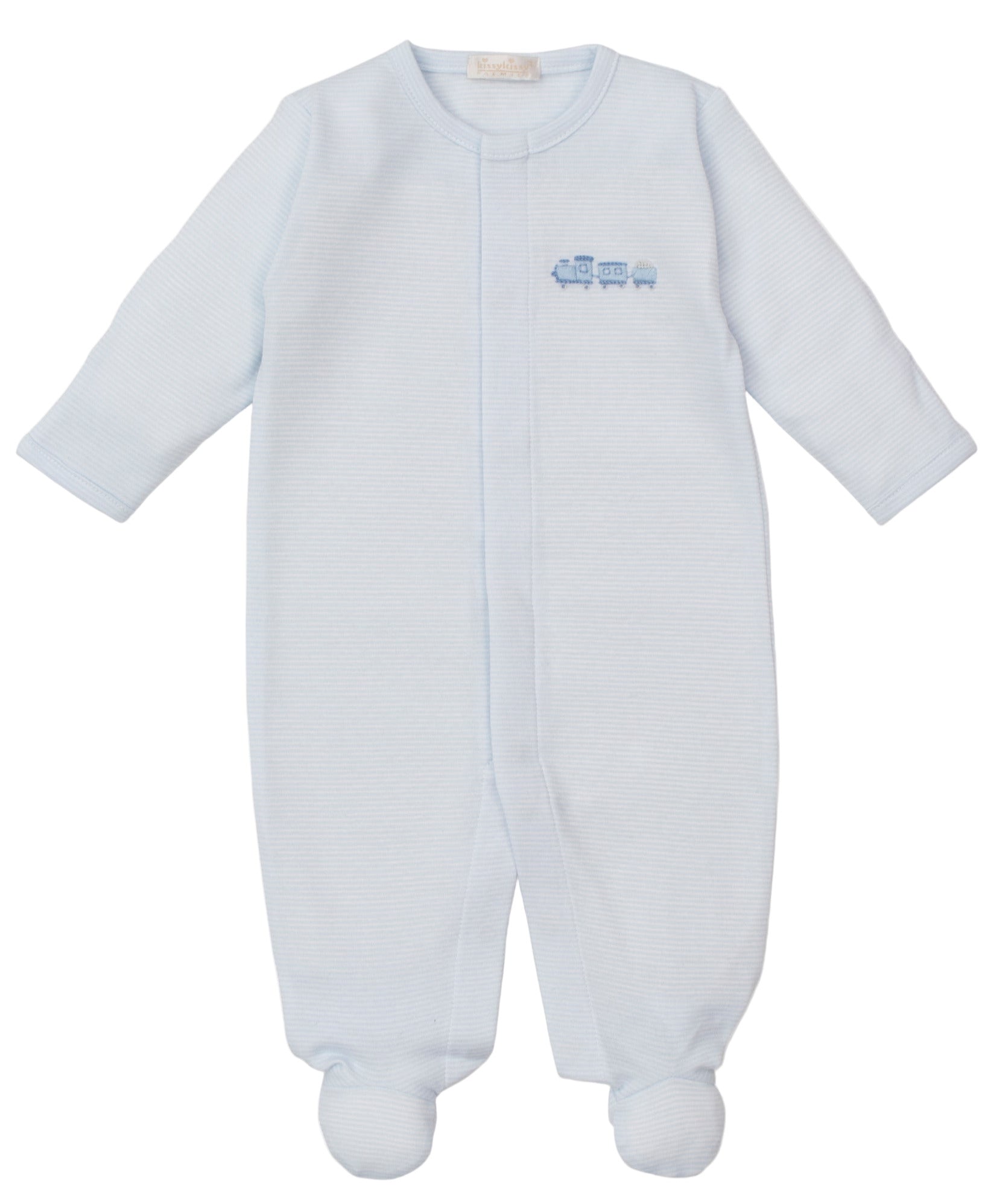 The Kissy Kissy Baby Boys' Fall Medley Striped Footie features soft Pima cotton, long sleeves, front snap closure, and hand embroidery—perfect cozy pajamas for your little one.