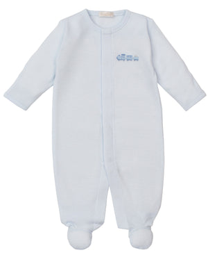 The Kissy Kissy Baby Boys' Fall Medley Striped Footie features soft Pima cotton, long sleeves, front snap closure, and hand embroidery—perfect cozy pajamas for your little one.