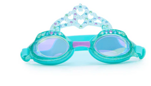 Bling2O Kids' Royal Family Swim Goggles feature a blue frame with an ornate tiara design and heart-shaped accents, along with UV-protected and anti-fog lenses for clear underwater vision.