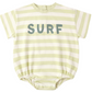 The Rylee & Cru Baby Boys' Relaxed Bubble Romper features light green and white stripes, short sleeves, and a bold "SURF" print on the chest. Soft and comfy, it's perfect for your little one’s all-day wear.