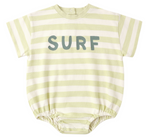 The Rylee & Cru Baby Boys' Relaxed Bubble Romper features light green and white stripes, short sleeves, and a bold "SURF" print on the chest. Soft and comfy, it's perfect for your little one’s all-day wear.
