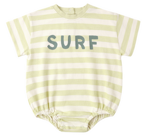 The Rylee & Cru Baby Boys' Relaxed Bubble Romper features light green and white stripes, short sleeves, and a bold "SURF" print on the chest. Soft and comfy, it's perfect for your little one’s all-day wear.