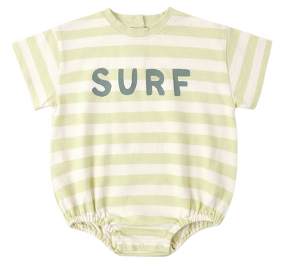 The Rylee & Cru Baby Boys' Relaxed Bubble Romper features light green and white stripes, short sleeves, and a bold "SURF" print on the chest. Soft and comfy, it's perfect for your little one’s all-day wear.