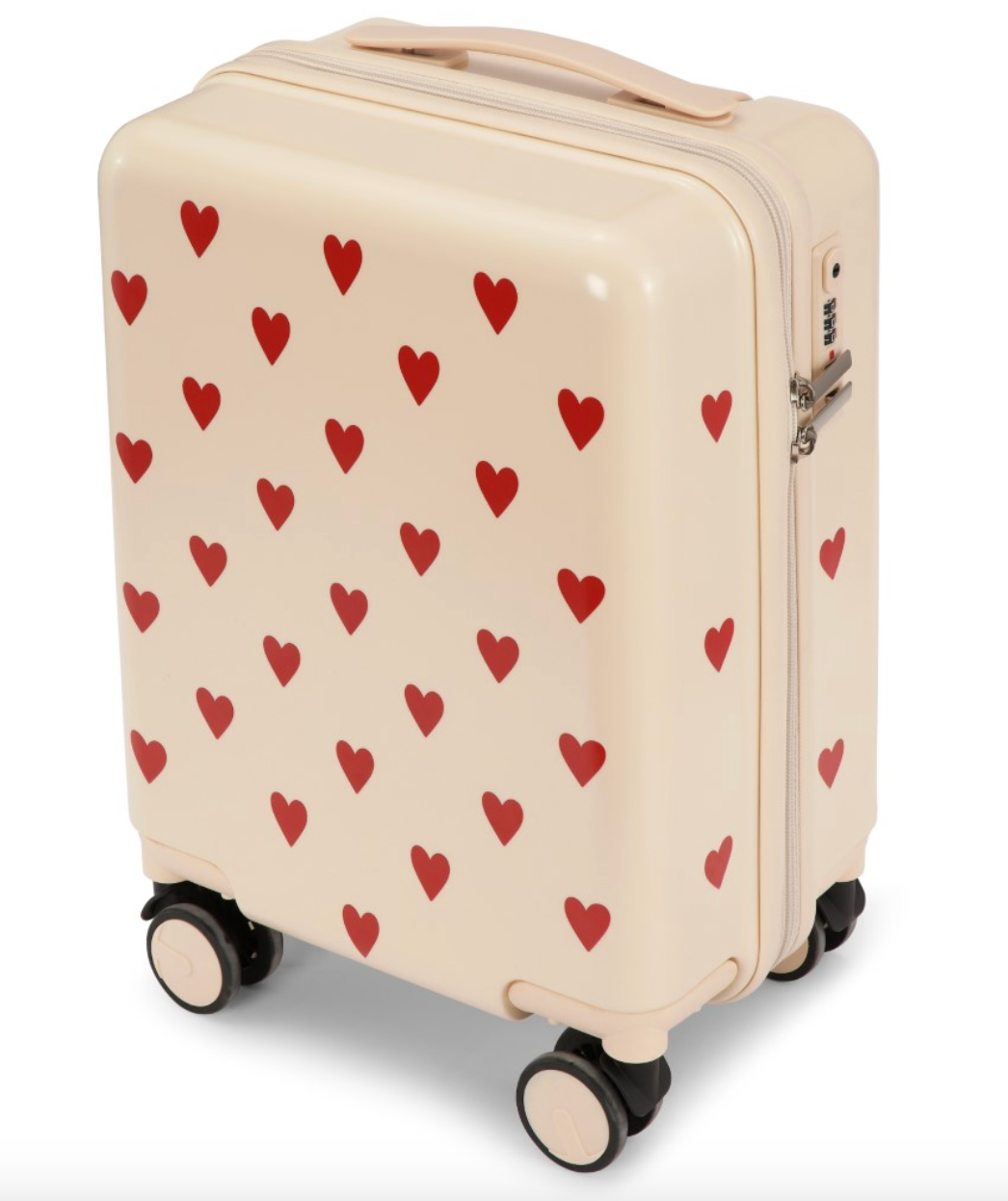 Cream-colored Konges Slojd Kids’ Travel Suitcase with a red heart pattern, featuring a top handle and a side TSA lock.